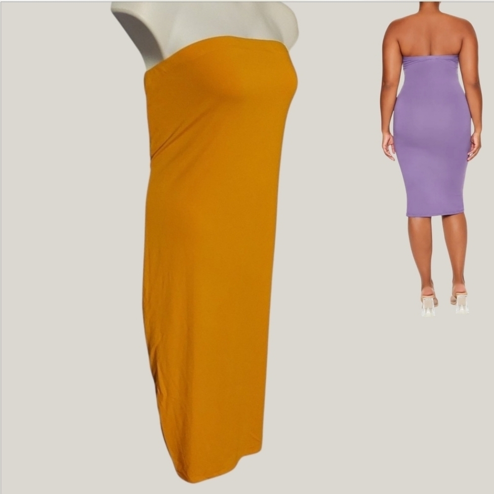 NWT Forever 21+ Strapless Mustard Bodycon Tube Dress ~sz 2X - Picture 2 of 4